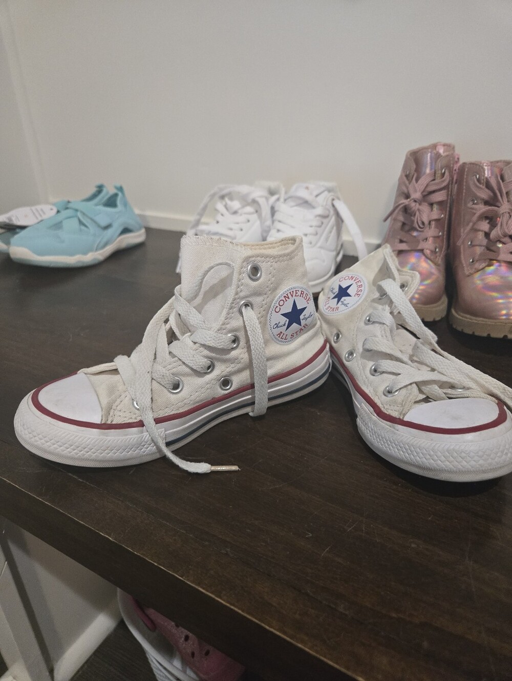 Converse Kids High Top Sneakers - White with Red Stripe
